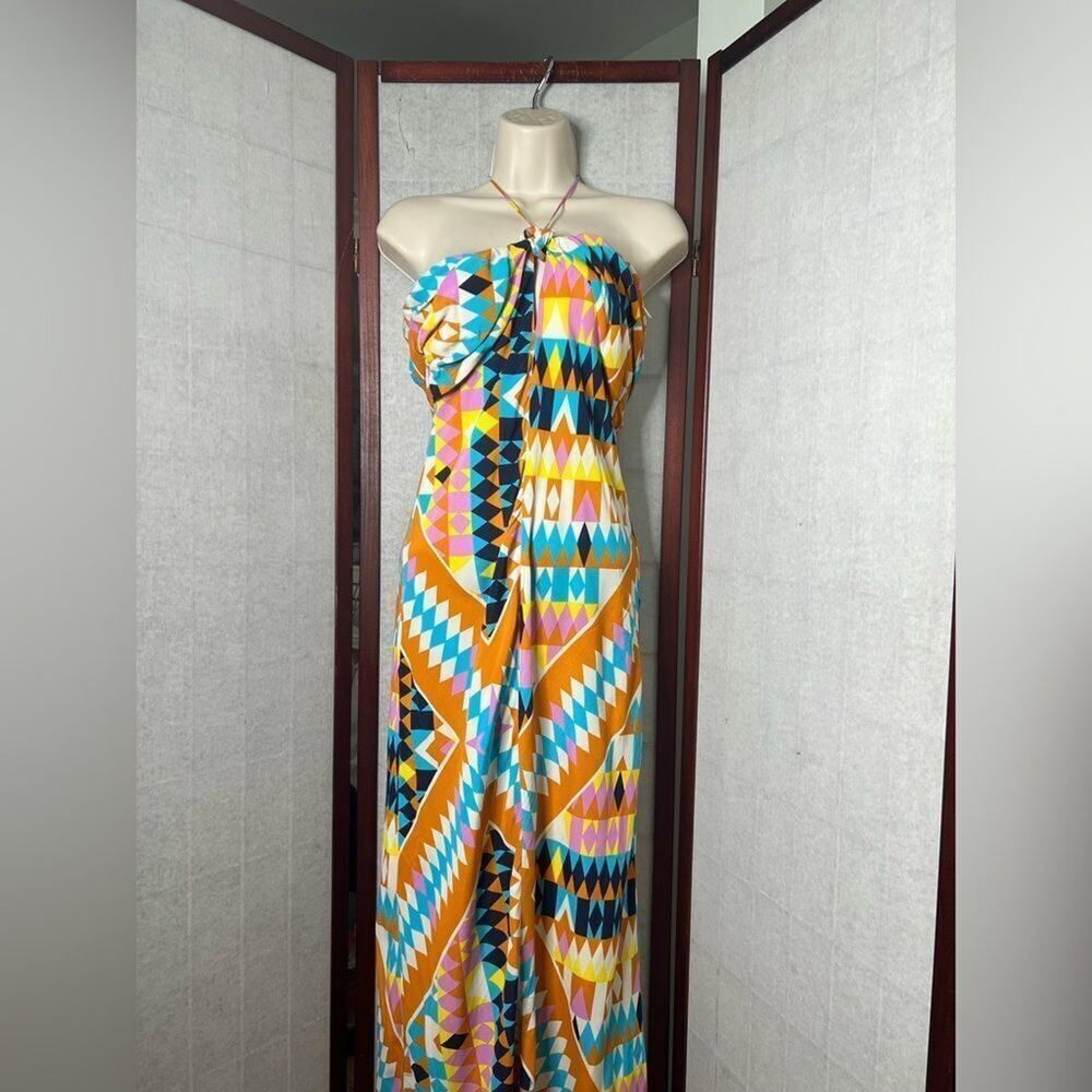 NWT ZARA AZETC PRINT HALTER BACK MAXI DRESS SIZE S‎ - Picture 2 of 9